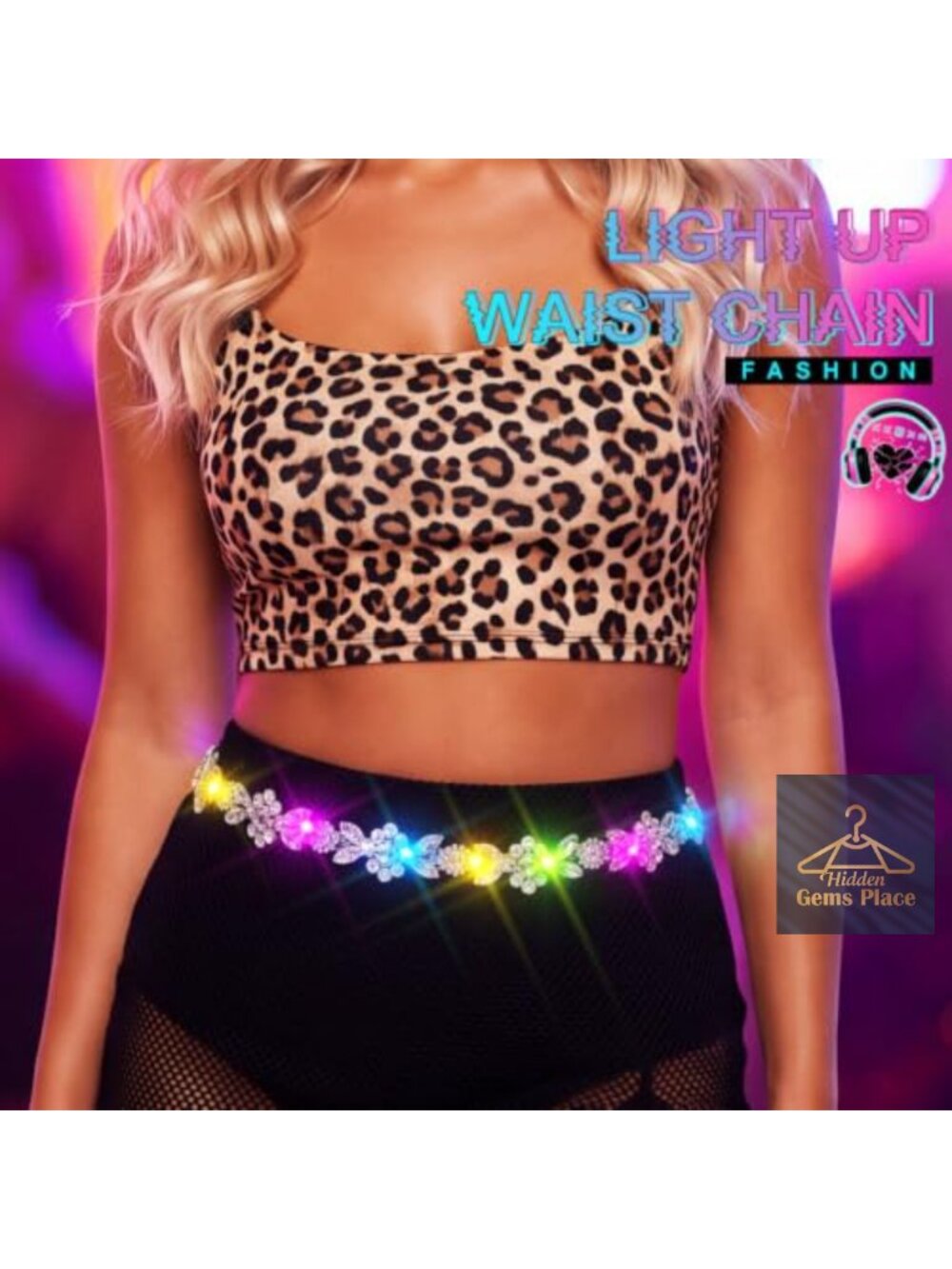 LED Rhinestone Waist Belt Adjustable Body Chain Rave Accessory - Picture 4 of 5